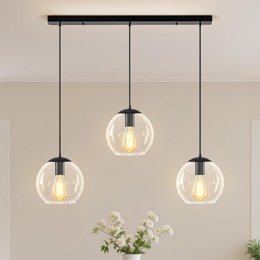 Globe Pendant Light, Modern Hanging Lighting Fixture, Classic Cluster Chandelier with Clear Glass Shades(Black, 3 Lights, 27.6 Inch)