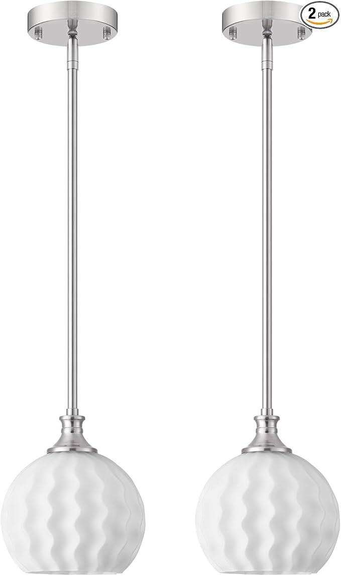 Brushed Nickel Pendant Lights Kitchen Island 2 Pack, 7.3" Modern Farmhouse Milk Glass Globe Light Fixtures with Adjustable Rods, Hanging Ceiling Lighting for Sink, Hallway (E26 Base)