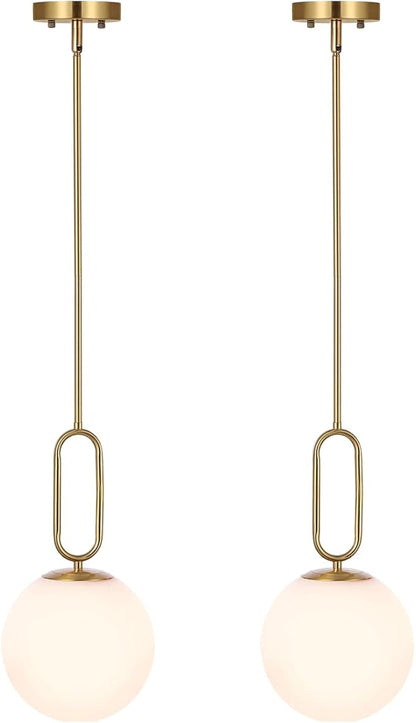 Modern Gold Globe Pendant Light White Globe Glass Shade 2 Pack Brushed Brass Finished Adjustable Rods Hanging Light Fixtures for Kitchen Island Living Room
