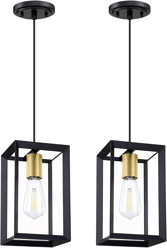 1 Light Hanging Rustic Farmhouse 5.7" Metal Lantern Cage Pendant Ceiling Light Fixture Over Sink Dining Room Bedroom Kitchen Island 2 Pack Black Gold