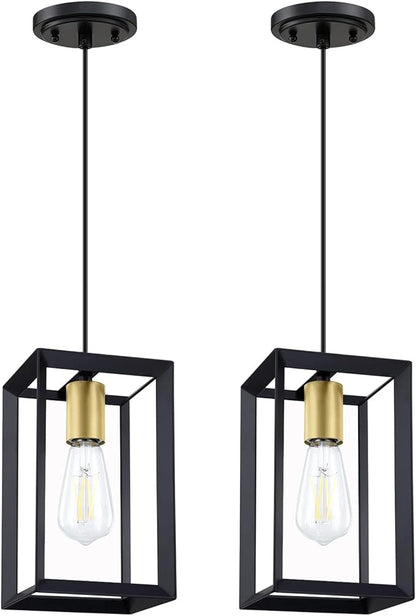 1 Light Hanging Rustic Farmhouse 5.7" Metal Lantern Cage Pendant Ceiling Light Fixture Over Sink Dining Room Bedroom Kitchen Island 2 Pack Black Gold