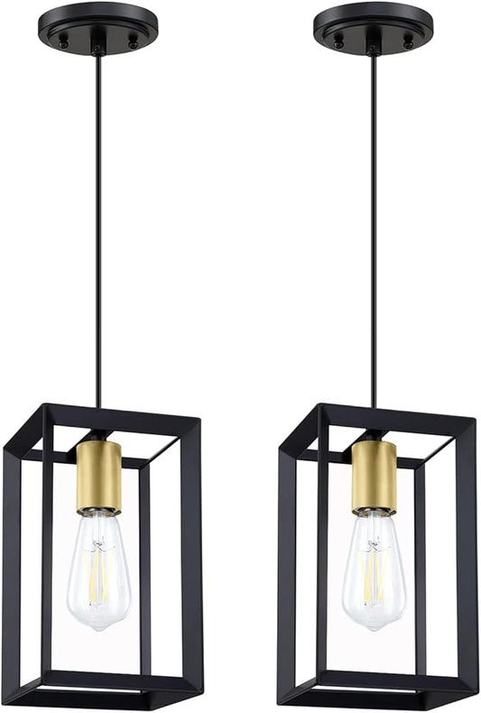 1 Light Hanging Rustic Farmhouse 5.7" Metal Lantern Cage Pendant Ceiling Light Fixture Over Sink Dining Room Bedroom Kitchen Island 2 Pack Black Gold