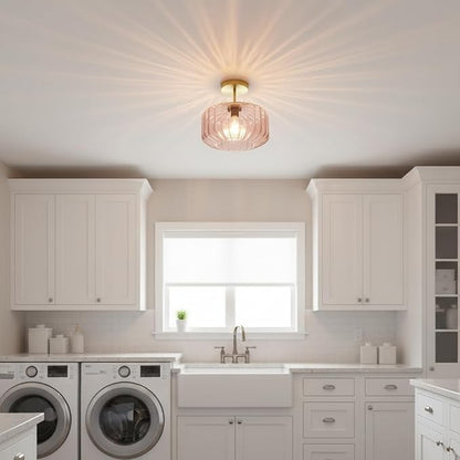 Modern Semi-Flush Mount Light Fixture Blush Pink Ceiling Lamp with Brushed Gold Base, Bedroom Light Fixture for Girls Bedroom, Nursery, Master Suite Hallway