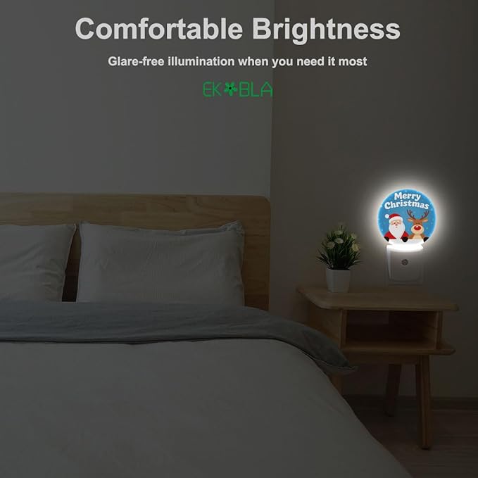 EKOBLA Santa & Reindeer Plug-in Night Light, Merry Christmas Snowflake LED Nightlight with Auto Sensor for Holiday