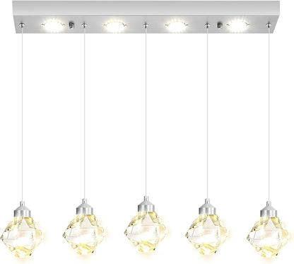 5-Lights Rectangular Pendant Light LED Dimmable Linear Crystal Chandelier Modern Rectangular Chandeliers for Dining Room Bedroom Silver Hanging Light