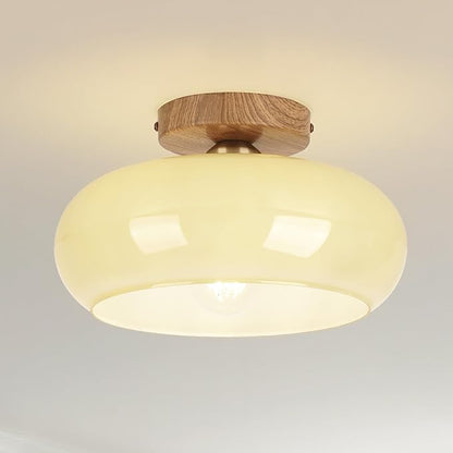 Mid Century Modern Schoolhouse Semi Flush Mount Ceiling Light, Cream Glass Lamp with Wood Grain Metal Base, Rustic Farmhouse Lighting Fixture for Bedroom, Hallway, Dining, Living, Entryway