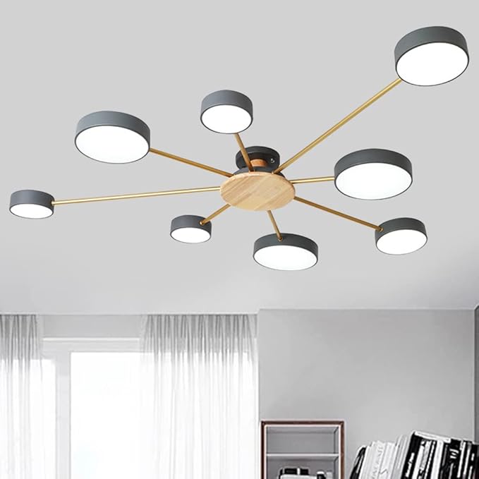 8-Lights LED Ceiling Light Fixture,48 Inch Modern Ceiling Lights Flush Mount Wooden 64W Dimmable Chandelier for Living Room Bedroom Kitchen,3000K/4000K/6000K Temperatures Selectable Grey