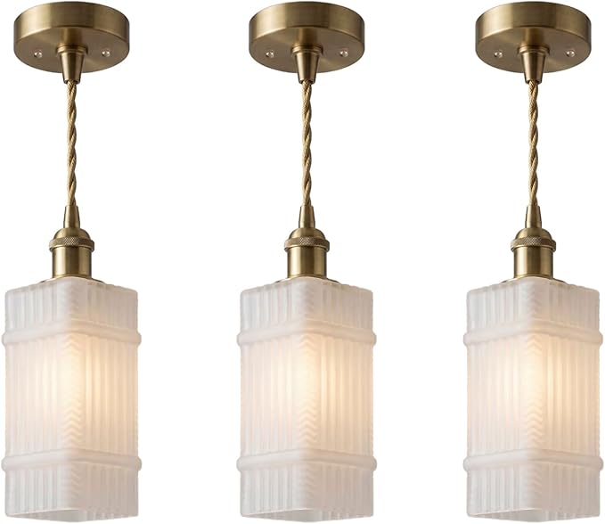 3Pack Milk Glass Striped Kitchen Island Pendant Lights, Vintage Dining Room Light Fixture - Adjustable Hanging Light Set for Dining Room, Bedside, Vanity Area, Hallway & Entryway