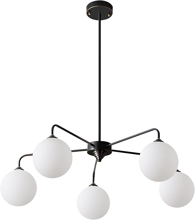 5 Light Mid Century Sputnik Chandelier with White Frosted Globe Glass Shade Pendant Lighting Fixture Living Room Large Pendant Lamp for Bedroom Kitchen Island