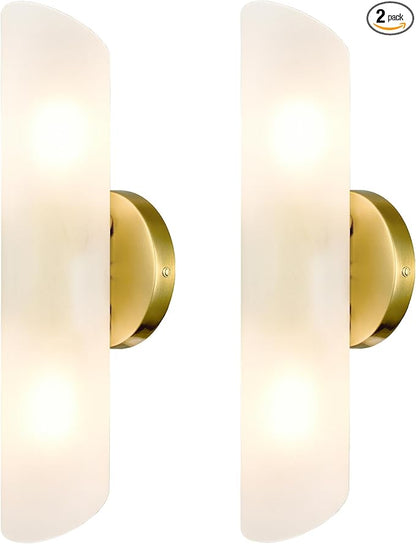 DAYCENT Modern Brass Wall Sconces Set of Two Frosted Glass Wall Light Fixture 2-Light Cylinder Bathroom Vanity Lights Gold Glass Sconces Wall Lighting for Hallway Bedroom Staircase