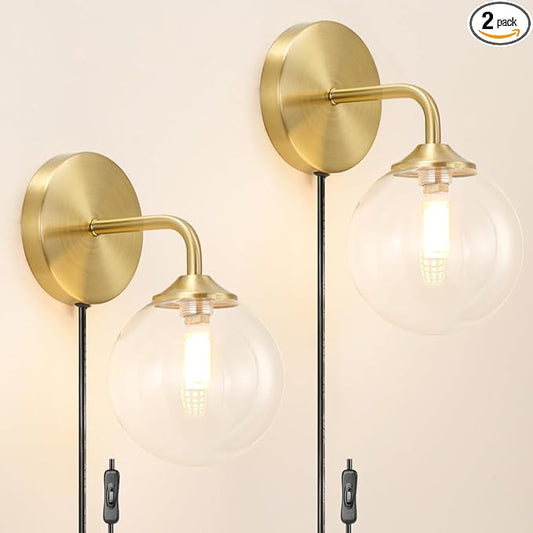 Gold Plug in Wall Sconces Set of 2, Mid Century Plug Sconce with Clear Globe Glass Lampshade, Brushed Art Deco Wall Light Fixture with Plug in Cord for Bedroom Living Room Hallway, G9 Bulbs