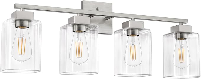 4 Light Bathroom Vanity Light - Brush Nickel Matte Vanity Lights Square Design & UL Certification & Square 26” Silver Bathroom Lights Fixture Over Mirror, Brush Nickel Light for Bedroom