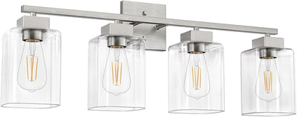 4 Light Bathroom Vanity Light - Brush Nickel Matte Vanity Lights Square Design & UL Certification & Square 26” Silver Bathroom Lights Fixture Over Mirror, Brush Nickel Light for Bedroom