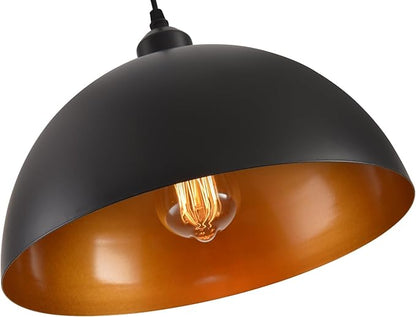 Plug in Pendant Light 2 Pack Industrial Hanging Lamp with Golden Finish Inside Black Vintage Pendant Lighting Fixtures with 15ft Cord On/Off Switch