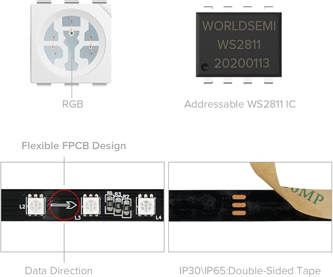 BTF-LIGHTING WS2811 DC24V 32FT Addressable RGB LED Strip 600LEDs 100Pixels Dream Color Black PCB IP30 Non-Waterproof Works with Arduino/Respberry/etc Prevent Voltage Droping(No Adapter or Controller)