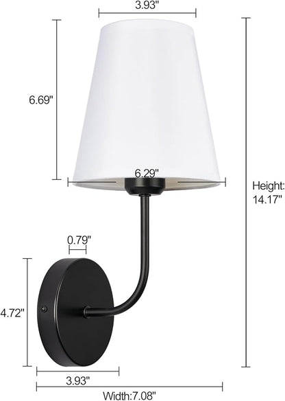 Modern Hardwired Wall Sconce Set of 2 – Matte Black Finish with White Fabric Shades,Farmhouse Bedroom & Living Room Lighting, Hallway, Fireplace, Bathroom