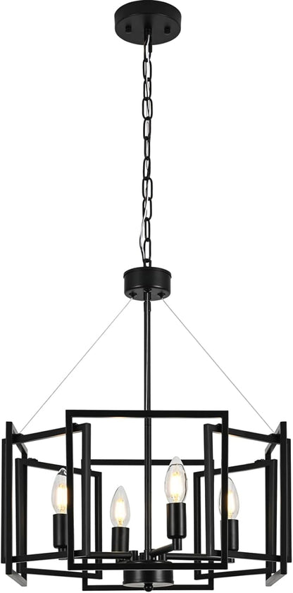 Modern Matte Geometric Black Industrial Chandelier 4 Light/E12/16.5 Inches,Small Farmhouse Pendant Lighting Fixtures for Dining Room,Kitchen Island,Bedroom,Foyer,Entryway,Stairs