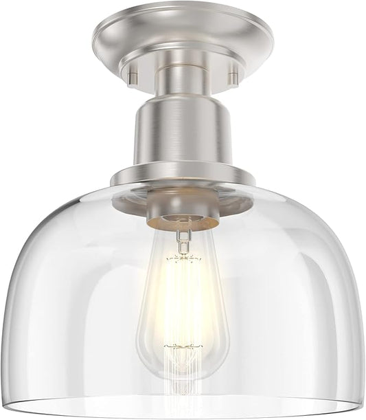 EAPUDUN Semi Flush Mount Ceiling Light, Modern Light Fixture with Clear Glass Shade, Brushed Nickel Finish for Hallway Corridor Kitchen Bathroom Bedroom Passway, FMA1123-BNK