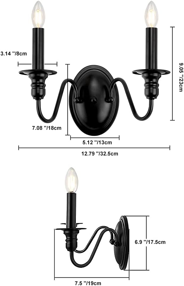 Sconces Wall Lighting, 2 Lights Farmhouse Black Candle Sconce, Industrial Modern Wall Light Fixtures, Mid Century Bathroom Light Fixtures for Bedroom Living Room Kitchen Hallway Stairs Office