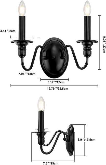 Sconces Wall Lighting, 2 Lights Farmhouse Black Candle Sconce, Industrial Modern Wall Light Fixtures, Mid Century Bathroom Light Fixtures for Bedroom Living Room Kitchen Hallway Stairs Office