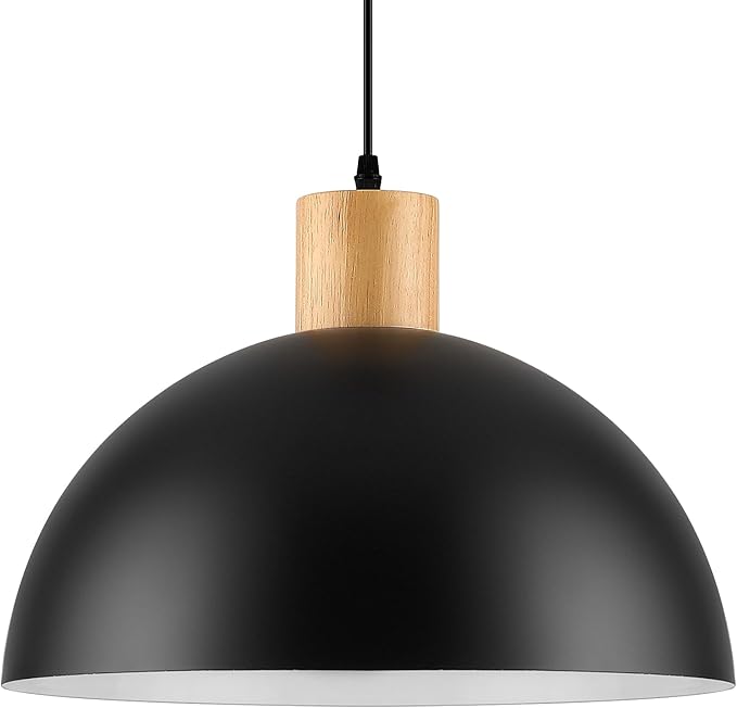 Black Solid Wood Pendant Light, 16in Modern Matte Black Pendant Lights Fixtures Adjustable Farmhouse Hanging Lighting,for Kitchen Island Dining Room Barn Office