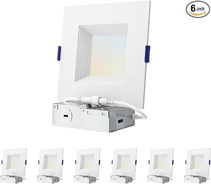 6 Pack 4 Inch Square Ultra-Thin Led Recessed Lighting,Recessed Led Downlight with Junction Box,5CCT 2700K-5000K Dimmable,with Baffle Anti-Glare,9W 700LM,ETL & ES