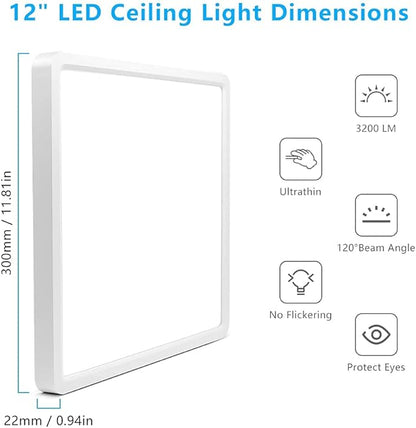 12Inch 24W Square LED Ceiling Light Fixtures Flush Mount, 5000K Daylight White LED Ceiling Lamp, Surface Mount Modern Ceiling Lights, Slim Flat Panel Lighting for Bedroom, Kitchen, Bathroom Etc.