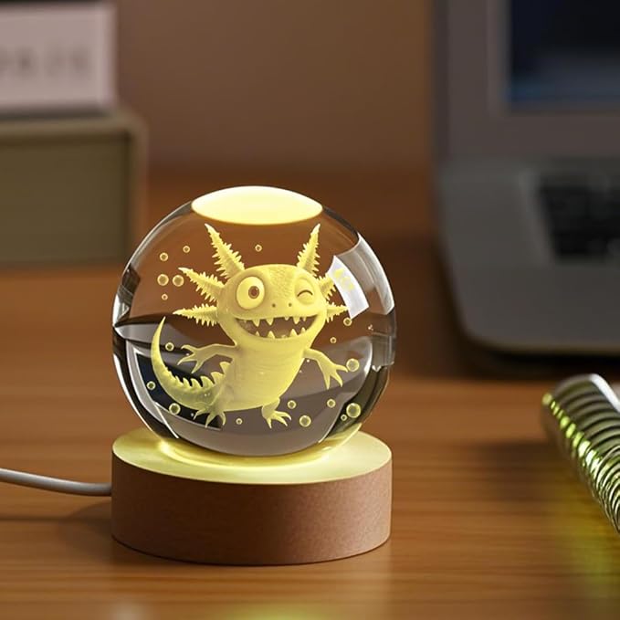 Axolotl 3D Crystal Ball Night Light, 2.36 inch, Axolotl Gifts for Kids Birthday Decorations LED Base Christmas Decor Handmade Emotional Support Doll