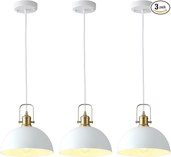 Matte White Pendant Lights Kitchen Island 3 Pack, Modern Farmhouse Hanging Light Fixtures with Gold Interior, Hardwired Metal Ceiling Lighting Over Sink Dining Room