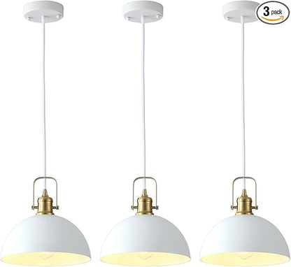 Matte White Pendant Lights Kitchen Island 3 Pack, Modern Farmhouse Hanging Light Fixtures with Gold Interior, Hardwired Metal Ceiling Lighting Over Sink Dining Room