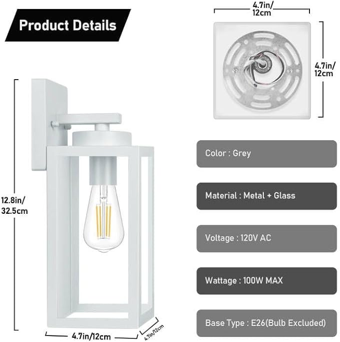 BesLowe 2-Pack Outdoor Wall Light Fixtures, Exterior Waterproof Wall Lanterns, Porch Sconces Wall Mounted Lighting with E26 Sockets & Glass Shades, Modern Wall Lamps for Front Door, Grey