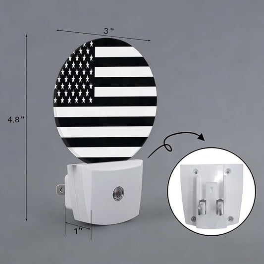 American Flag Black White Night Light Plug Into Wall Auto Led Sleep Round Lamp for Living Room Hallway Stairs