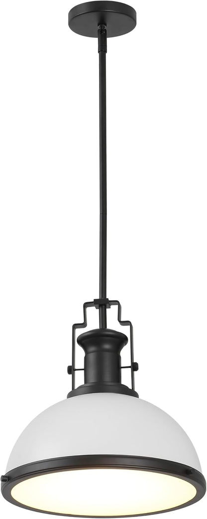 JONATHAN Y 13" Matte Black/White Modern Industrial Iron LED Dome Pendant Light, Adjustable Hanging Fixture for Kitchen Island or Entryway, White Metal Shade, LED Bulb Included (JYL9536E)