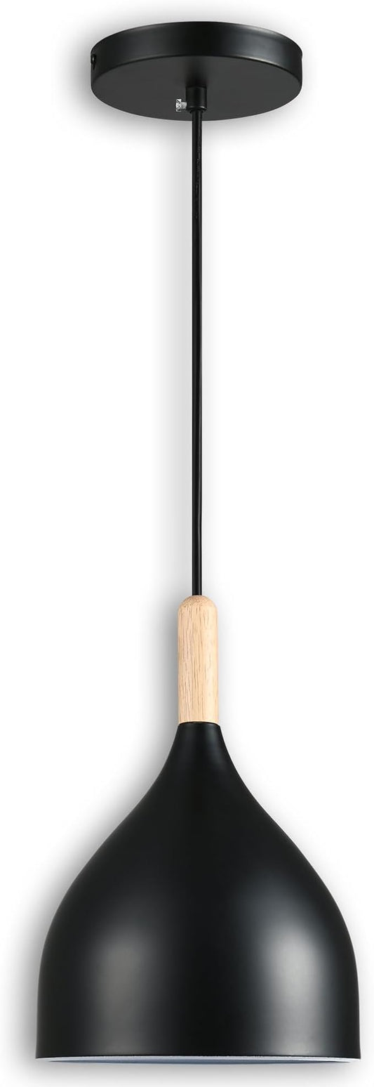 Modern Pendant Light, 6.6"x6.6"x7" Iron Hanging Fixture with Warm Oak Woodgrain, 15"-72" Adjustable Cord, E26 Socket, 4.7" Ceiling Canopy for Kitchen, Entryway – Carbon Black