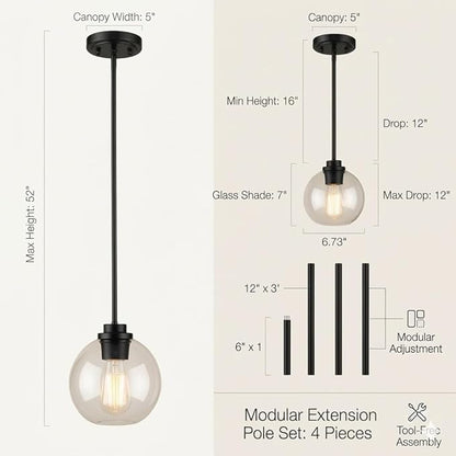 Globe Pendant Light – 7 Inch Clear Glass Modern Hanging Fixture, Black Finish Adjustable Height & Sloped Ceiling Compatible for Kitchen Island Dining Room Bedroom Hallway Farmhouse, 1 Pack
