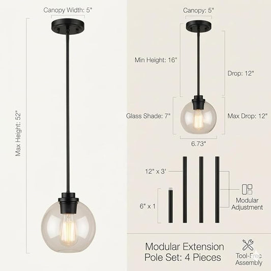 Globe Pendant Light – 7 Inch Clear Glass Modern Hanging Fixture, Black Finish Adjustable Height & Sloped Ceiling Compatible for Kitchen Island Dining Room Bedroom Hallway Farmhouse, 1 Pack