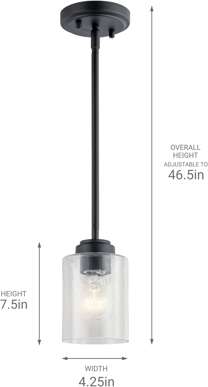 Kichler Winslow 1-Light Mini Pendant Light Fixture with Clear Seeded Glass in Black for Kitchen Island, Bar, Laundry Sink, Hanging Ceiling Light (7.5" x 4.25"), 44032BK