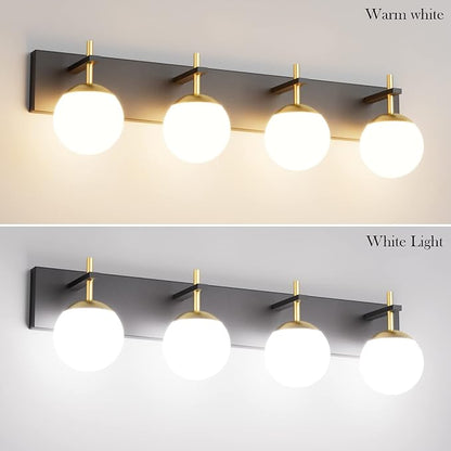 Ralbay Mid Century Modern Vanity Lights - 4-Light Milky Glass Globe Modern Bathroom Vanity Lights Over Mirror, Black/Golden Bathroom Wall Light Fixture