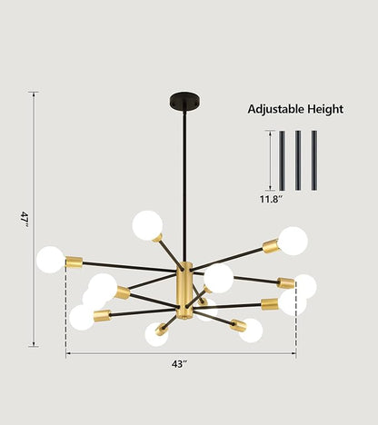 AMZASA Sputnik Chandeliers Ceiling Light Fixture, 12 Lights Modern Farmhouse Chandelier Black and Gold Mid Century Pendant Light for Dining Room, Living Room, Kitchen Island Entryway Foyer, UL Listed
