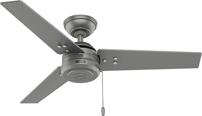 Hunter 44 inch Outdoor or Indoor Ceiling Fan No Light - Ceiling Fan without Light, For Patio, Porch, Garage, or Living Room, Standard Mount, 3 Blades, Pull Chain - Cassius 50256, Matte Silver