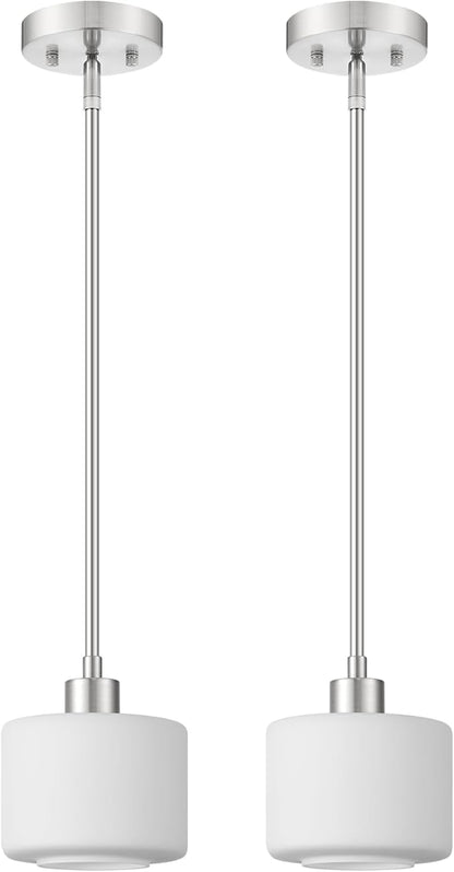 Milk Glass Pendant Lights Kitchen Island 2 Pack, Modern Brushed Nickel Hanging Light Fixtures with Rods, Mini Kitchen Pendant Lighting Over Island for Sink Bathroom, OS-YQ8153-2PBN