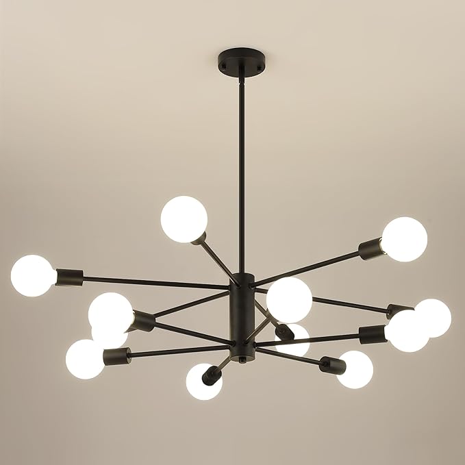 AMZASA Black Sputnik Chandeliers, 12 Light Modern Farmhouse Mid Century Pendant Light, Chandeliers for Dining Room Living Room Kitchen Island Entryway Foyer, UL Listed