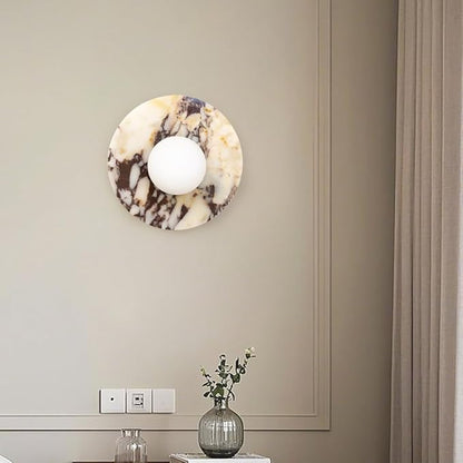 Alabaster Wall Sconces, 7.8 Inch Nordic Style Natural Stone Wall Lamp Round Marble Sconces Wall Lighting with Globe Glass Shade, Hardwired Indoor Wall Lights for Living Room Bedroom Hallway Stairs