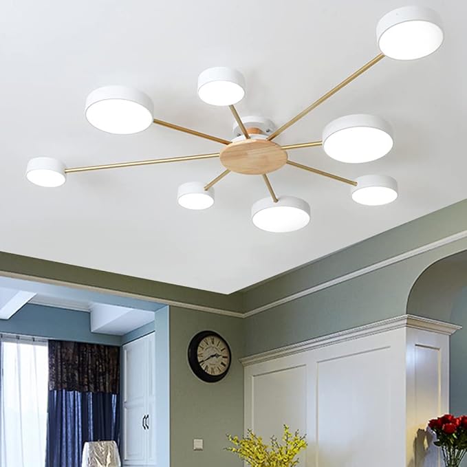 LED Ceiling Light Fixture,48 Inch 8-Lights Modern Ceiling Lights Flush Mount Wooden 64W Dimmable Chandelier for Living Room Bedroom Kitchen,3000K/4000K/6000K Temperatures Selectable White