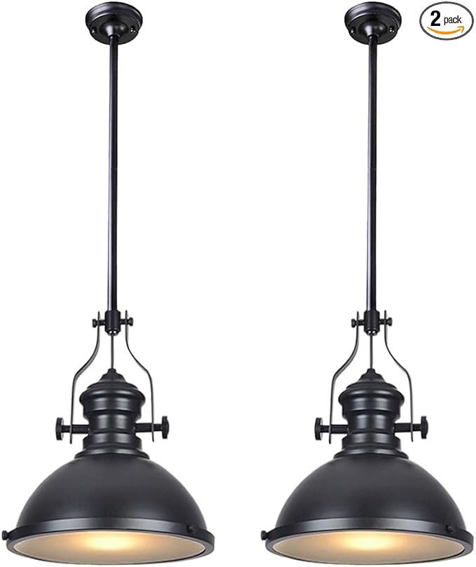 12 Inch Industrial Pendant Light with Diffuser, Vintage Hanging Fixture for Kitchen Island, Dining Room, Farmhouse, Bar, Cafe, Dimmable Rustic Ceiling Lamp (Black, 2 Pack)