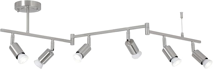 6-Light Nickel Track Lighting Fixture Ceiling, Modern LED Track Lighting with Flexible Foldable Arm and Rotatable Light Head, Adjustable Ceiling Light for Kitchen Islands, Dining Rooms