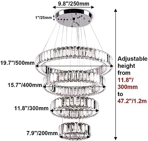 CLAIRDAI Modern 4 Ring Crystal Chandelier, LED Pendant Light Fixture, Cool White K9 Crystal Ceiling Light for Dining Room, Living Room, Bedroom