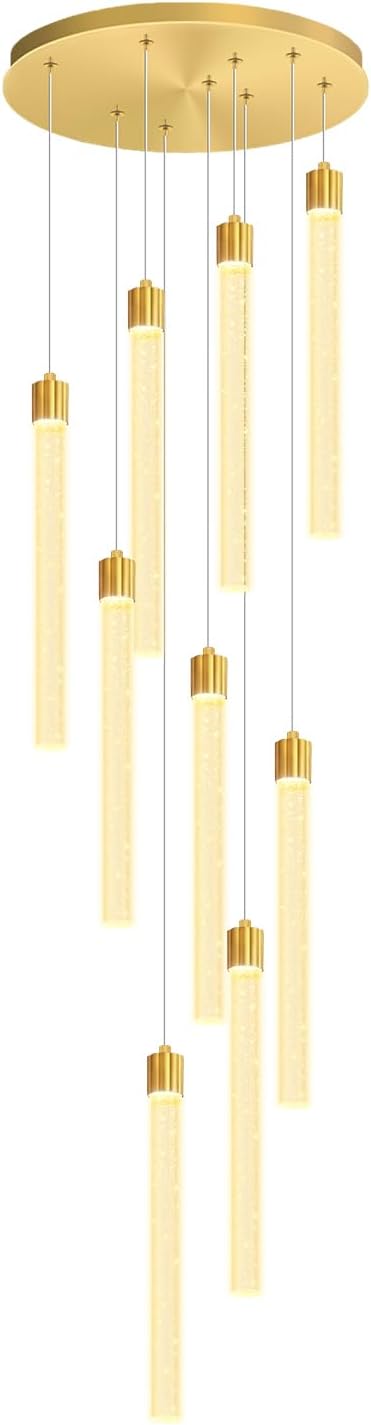 Modern 9-Lights Gold Crystal Column Chandeliers for Entrance Dimmable LED Pendant Lighting Hanging Lights for Dining Room Bedroom Foyer Staircase Living Room