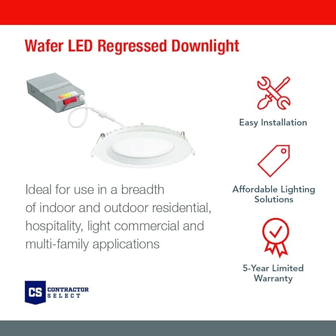 Juno LED Recessed Lights 6 Inch Round Wafer Downlight, 5-in-1 Switchable White Color Temperature, 120 Volts, 6-Inch Regressed Trim, Matte White (WF6 REG SWW5 90CRI MW M6)