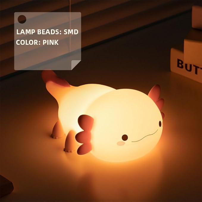 IFTHFOUR Axolotl Night Light – Cute Rechargeable Dimmable Silicone Lamp for Kids, Kawaii Bedside & Nursery Decor, Trendy for Girls & Boys (Pink)